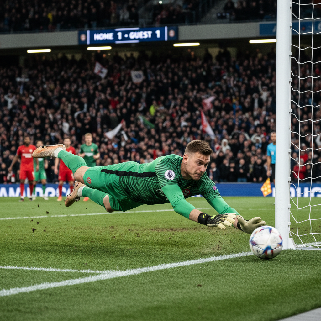 Young male goalkeeper in full protective kit diving to make a save under floodlights