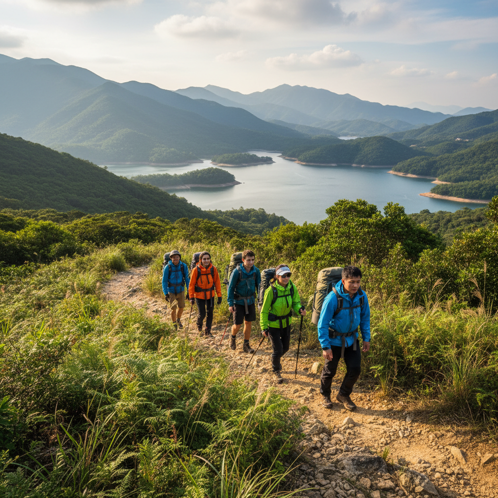 Team of four hikers on MacLehose Trail with lush green hills and reservoir in background