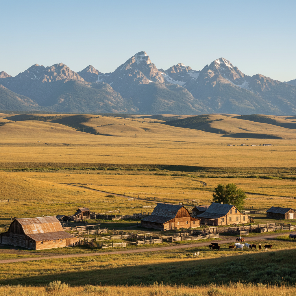 Remote ranch property with outbuildings surrounded by dry grassland and distant forest, golden hour muted tones, vast open terrain