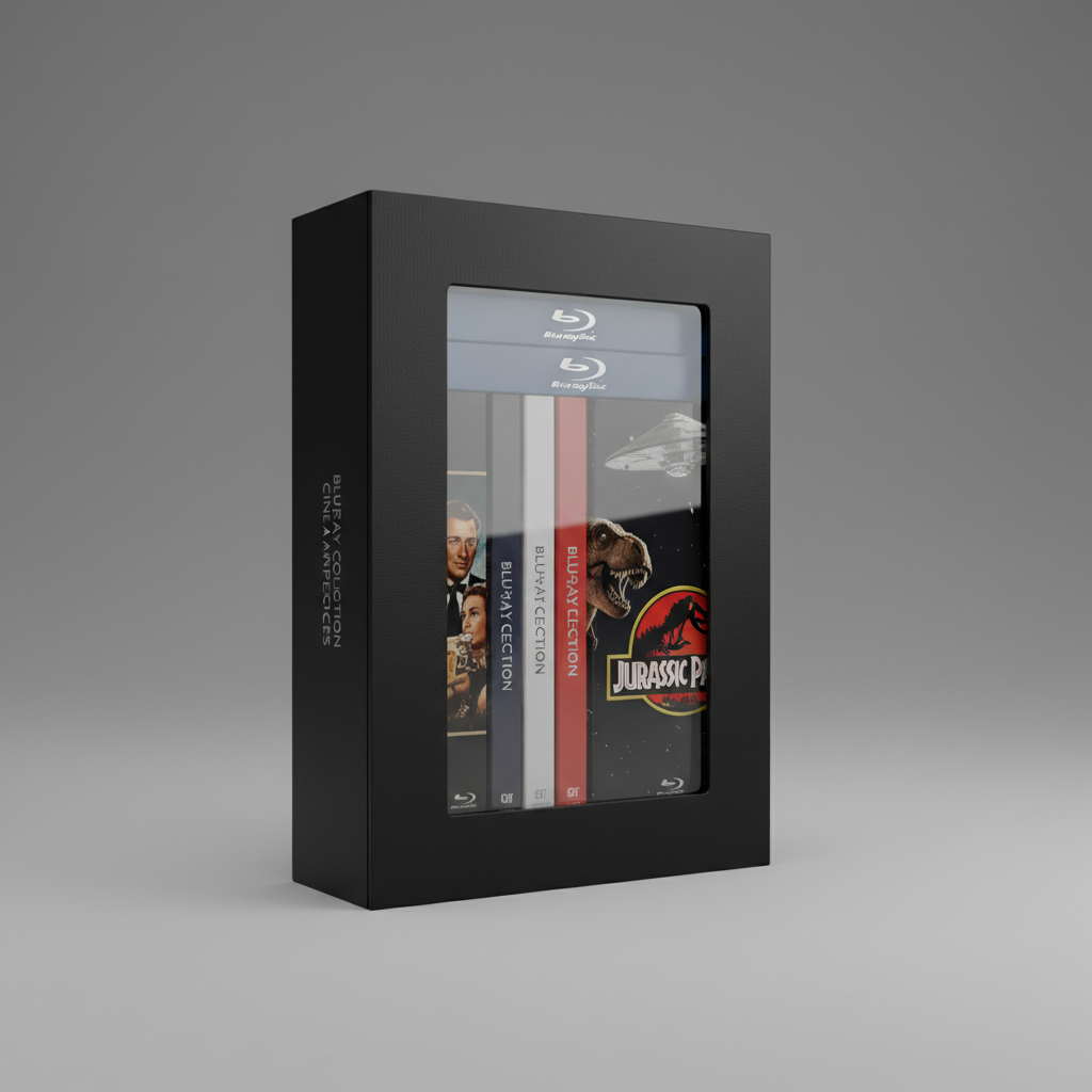Blu-ray disc collection in a dark case with film stills