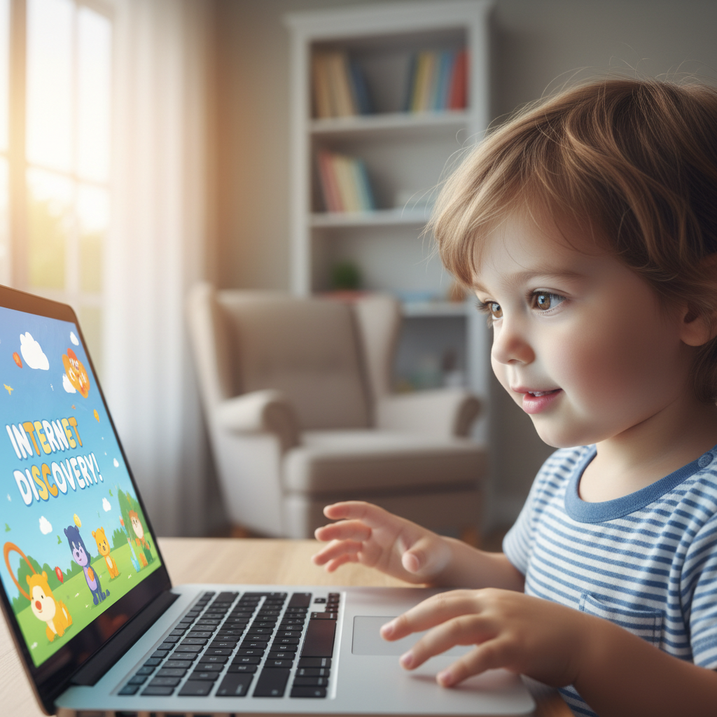 Young child experiencing the internet for the first time on a laptop
