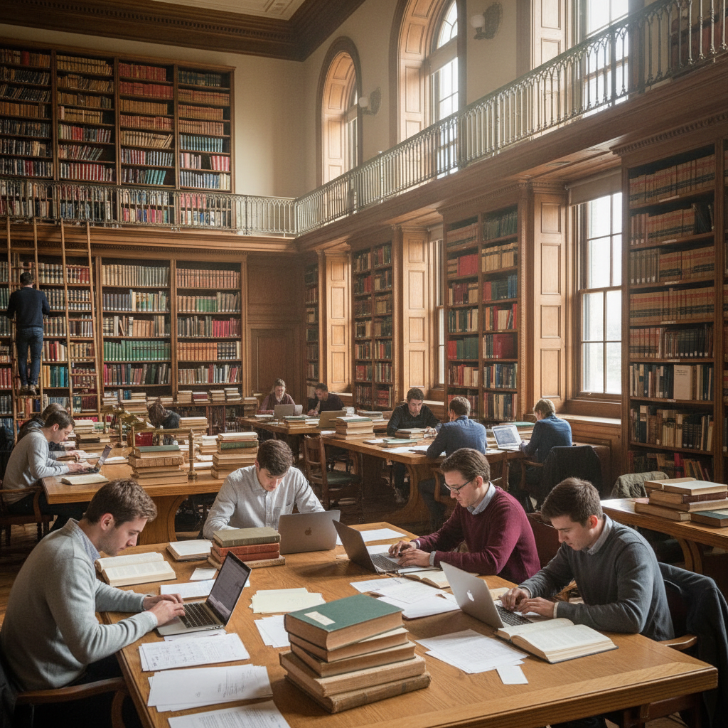 Law students in a university library, studying and collaborating, bright academic environment