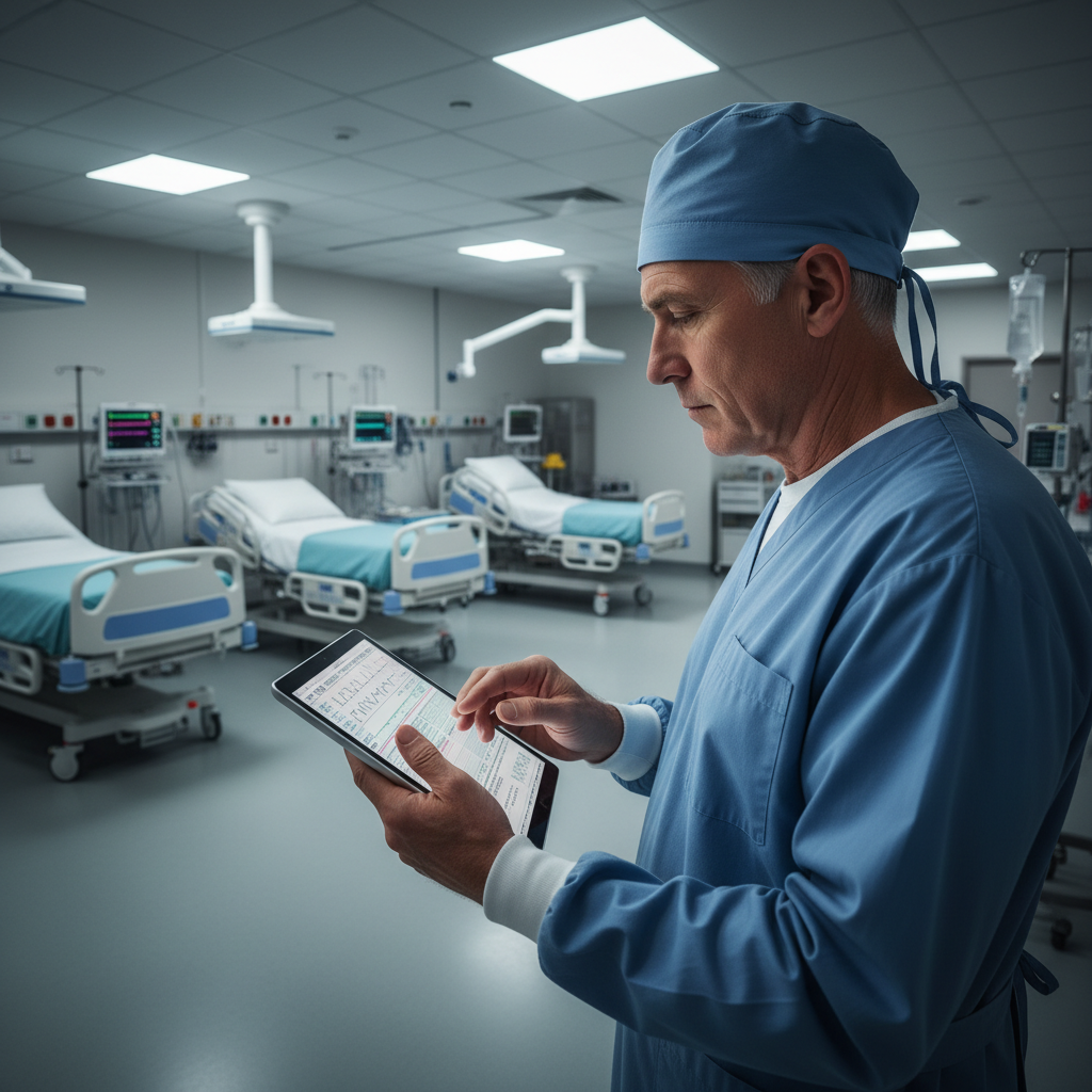 Male clinical pharmacist in white coat reviewing patient medication charts in a hospital ICU setting