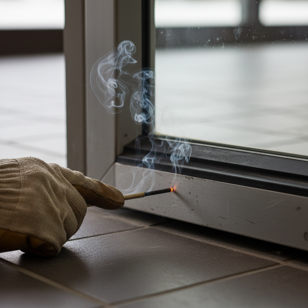 Building maintenance professional using a smoke pencil to trace airflow around a commercial door threshold