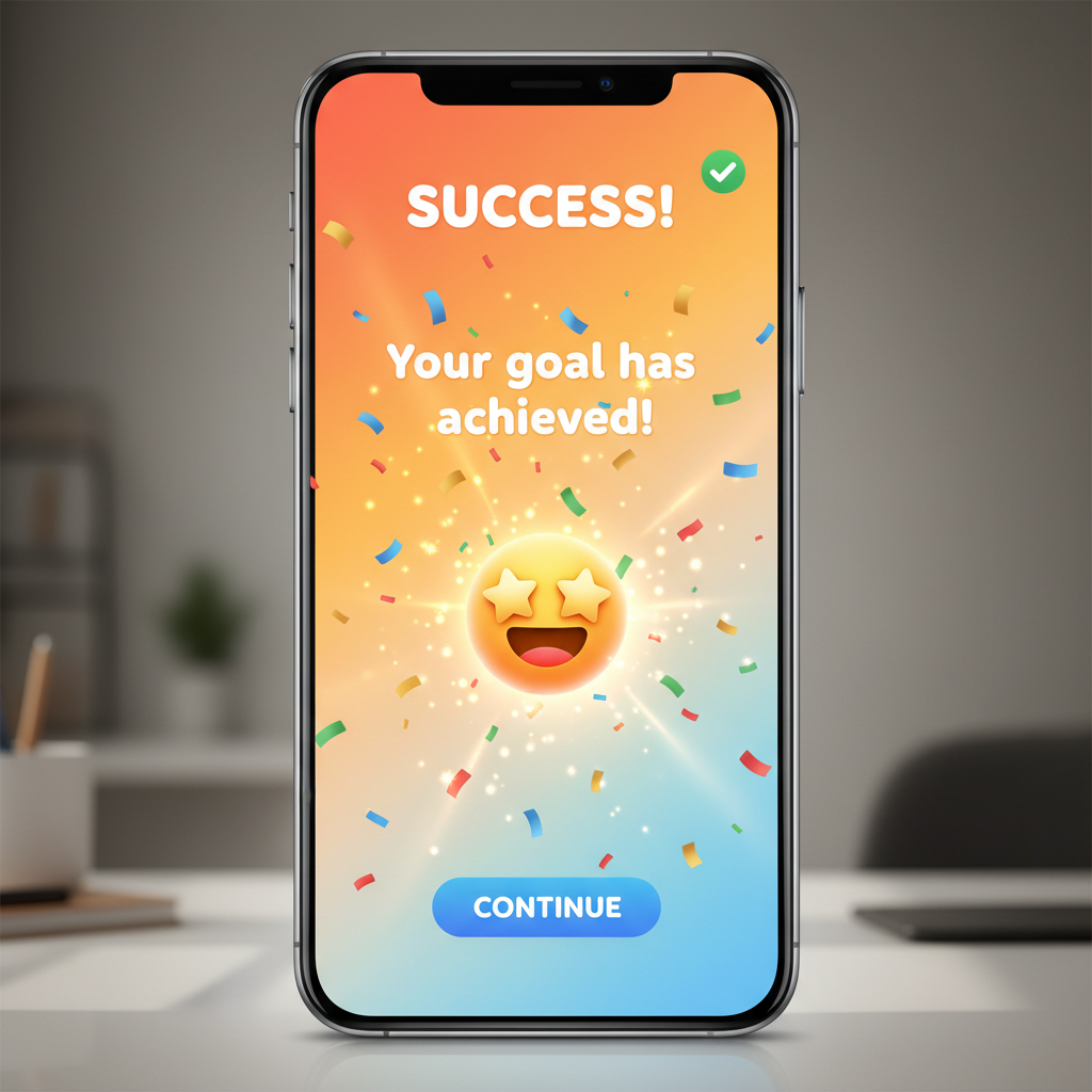 Success confirmation screen with celebration confetti, happy notification on bright mobile device