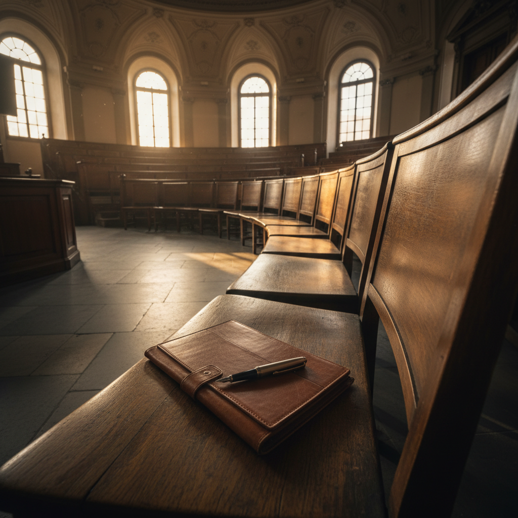 Empty civic chamber interior with golden light pouring through tall arched windows onto rows of worn wooden chairs arranged in a circle, a leather folio open on one chair with a pen resting across it