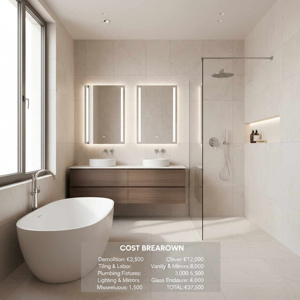 Modern bathroom renovation in Barcelona showcasing premium tiles, rainfall shower, and contemporary fixtures with detailed cost breakdown overlay