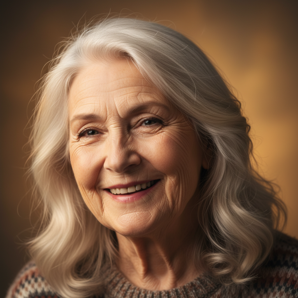 Older woman with silver hair smiling warmly