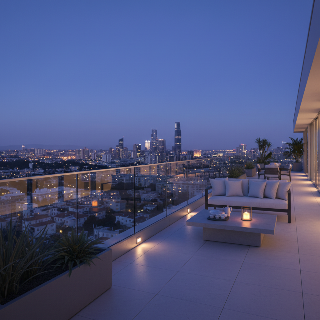Penthouse terrace at blue hour with glass balustrade and soft-focus city skyline