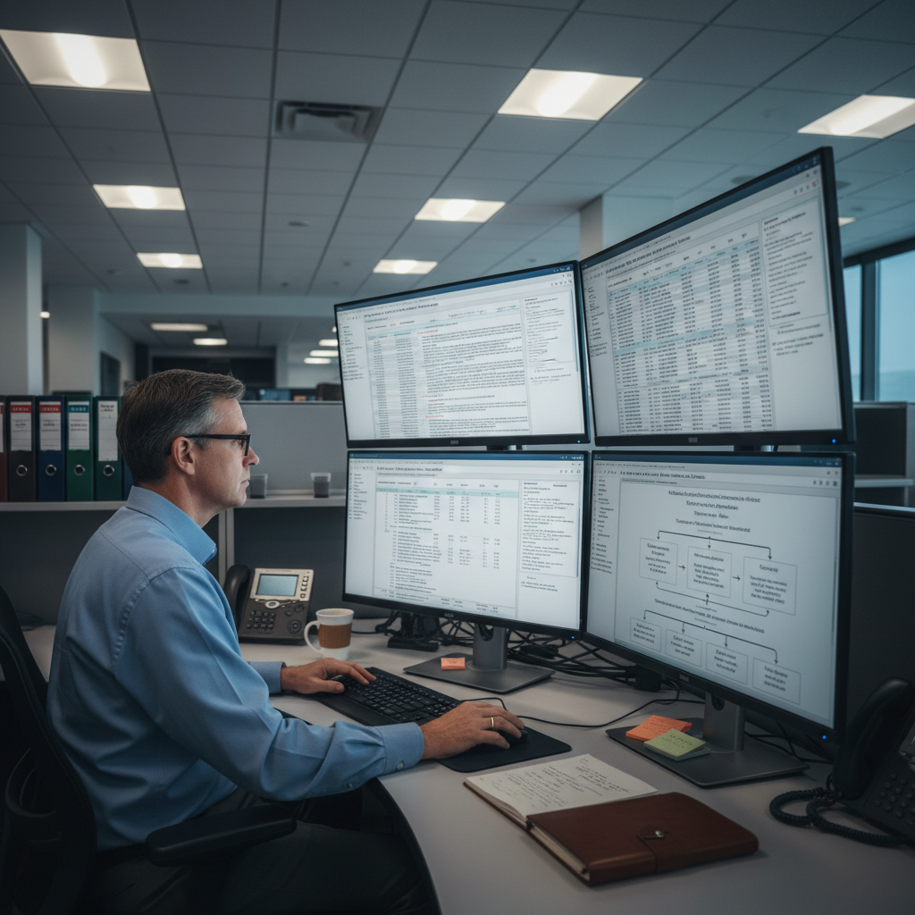 Jordan Whitfield, Compliance Analyst reviewing multi-state wage regulations on multiple monitors