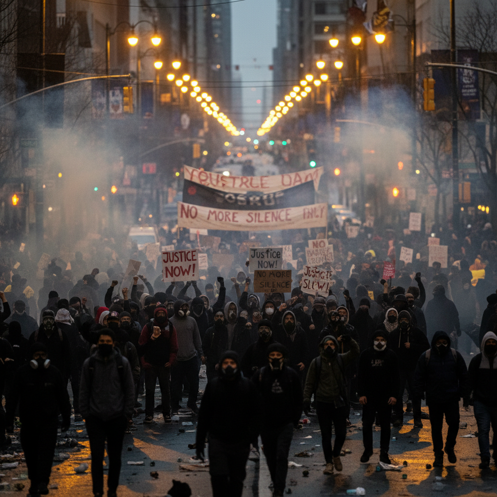 Protest crowd at dusk with tear gas smoke catching amber streetlight