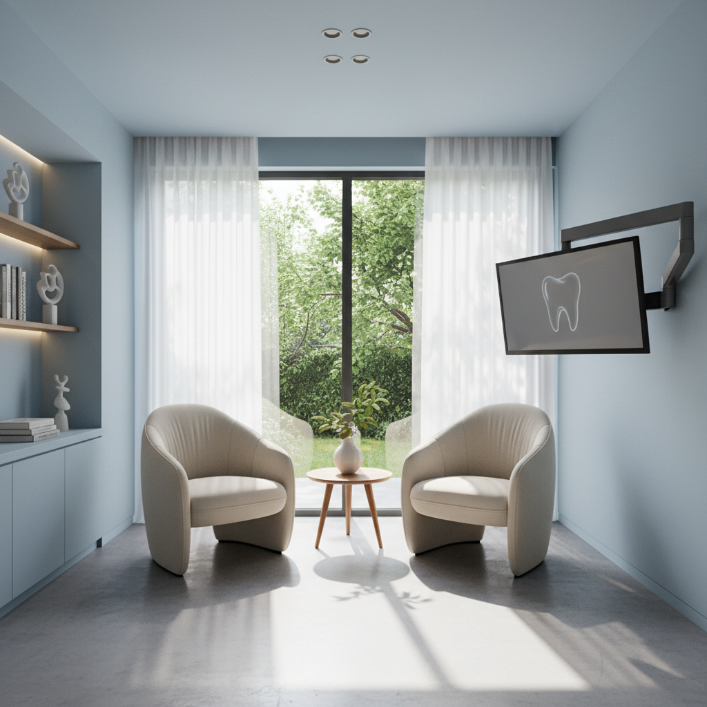 Calm modern dental consultation room with warm ambient lighting and welcoming environment designed to reduce patient anxiety