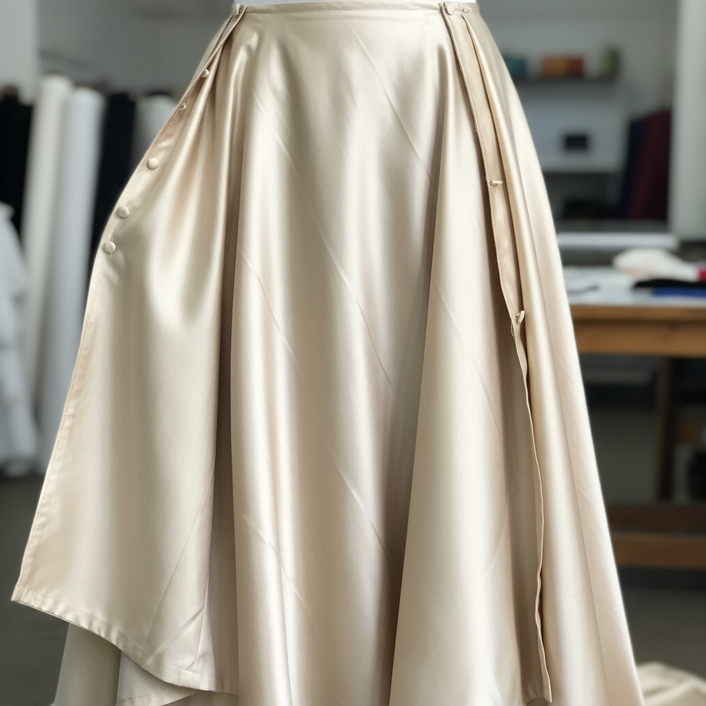 Interior view of a gown showing bias-cut silk charmeuse lining with diagonal grain visible