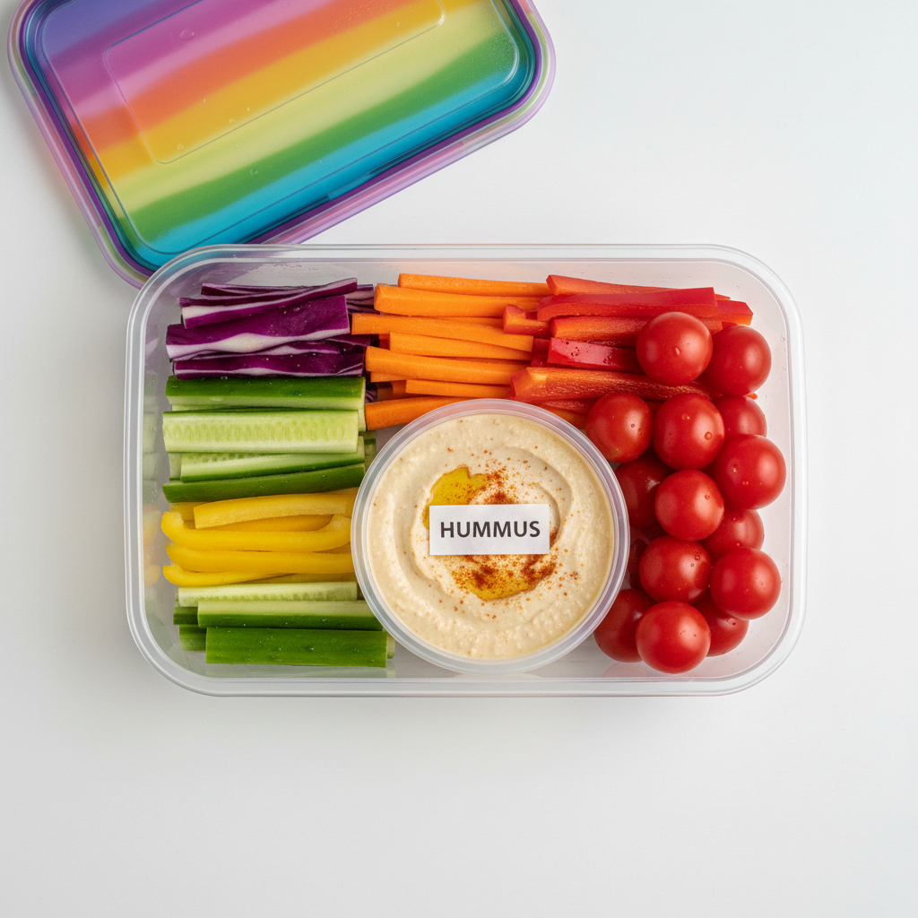 Mediterranean meal prep box with hummus and tabbouleh in natural light