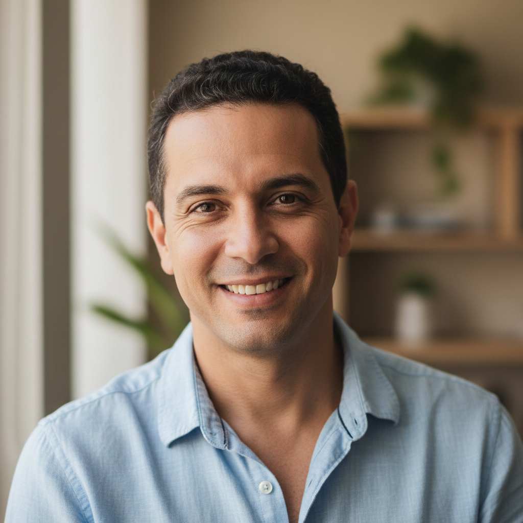 Brazilian man with warm smile in casual shirt against urban backdrop