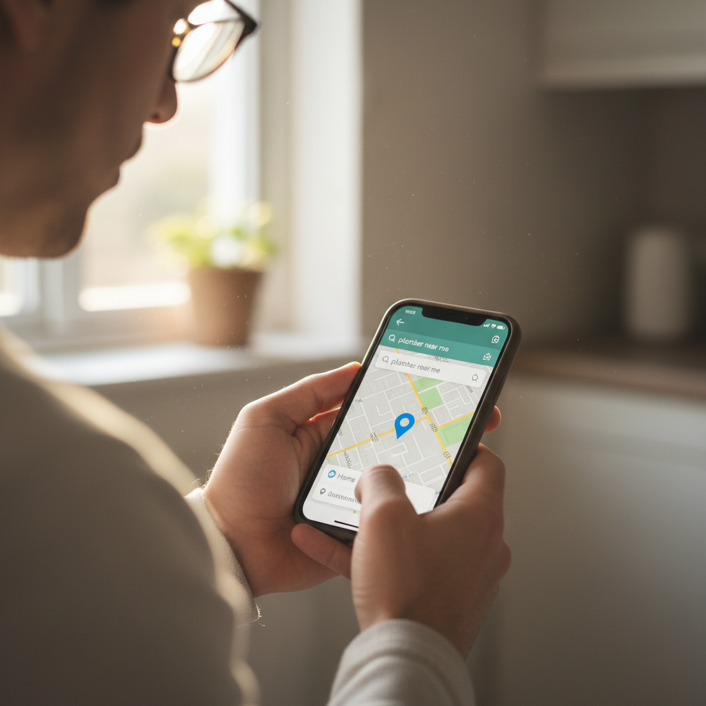 Person typing on smartphone with map visible, locating their address for plumber search
