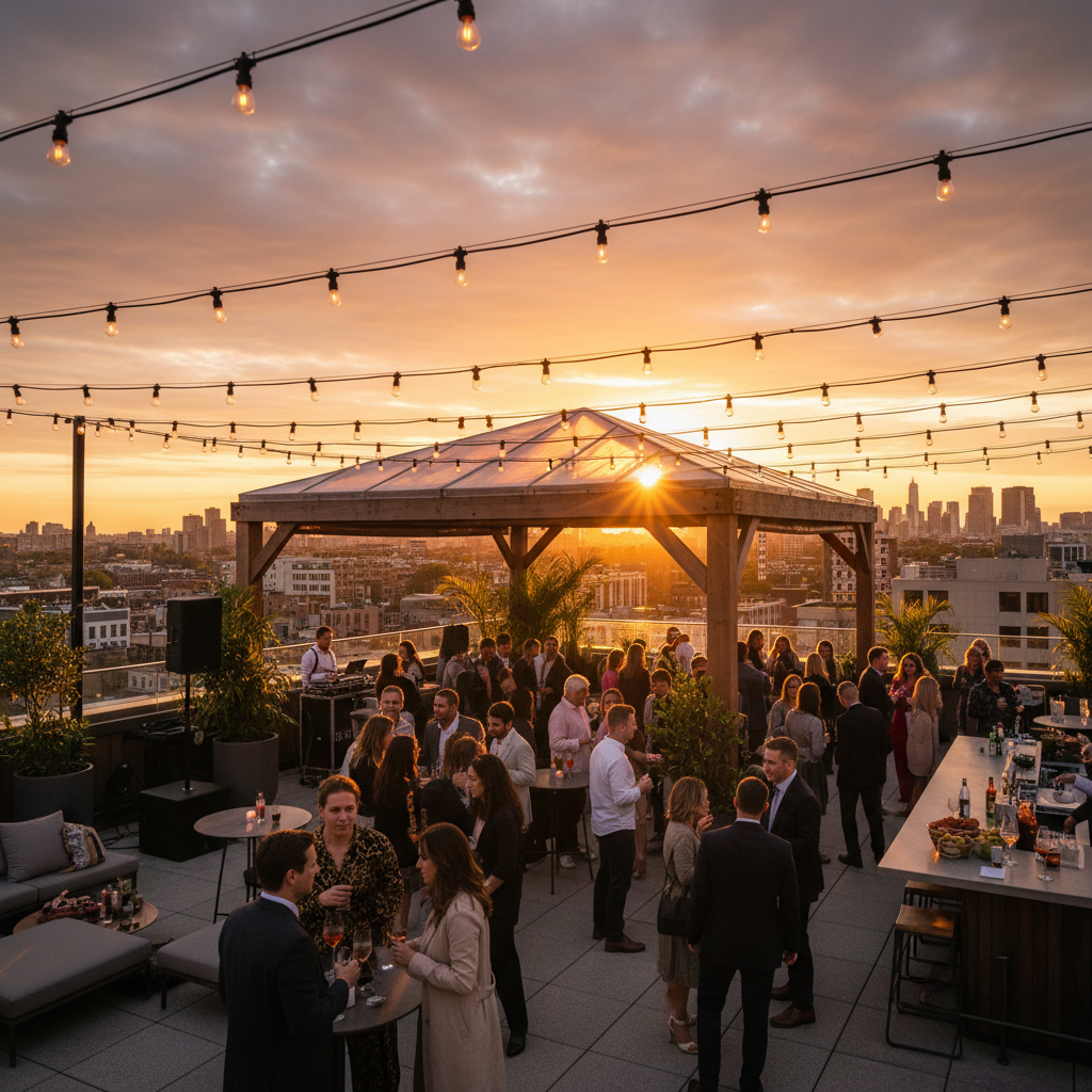 Rooftop cocktail hour at golden hour with city skyline and string lights above guests