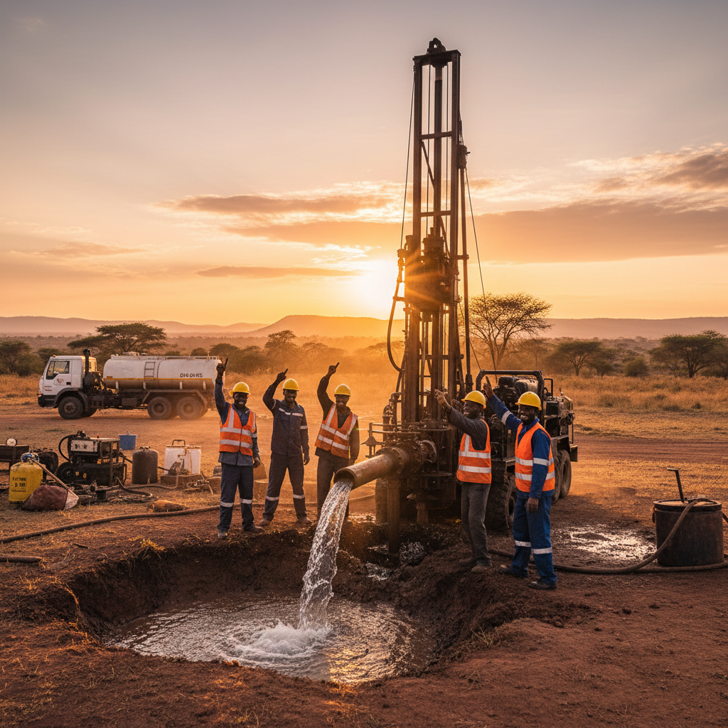 Drilling crew at work on a borehole in Kenya, golden hour light, water beginning to flow from the pipe