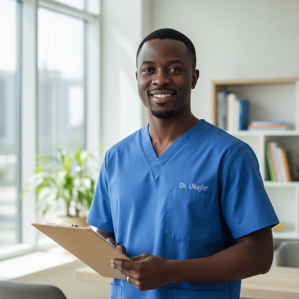 Dr. Emeka Okafor, a male pediatrician in a blue scrub top, holding a clipboard in a bright office