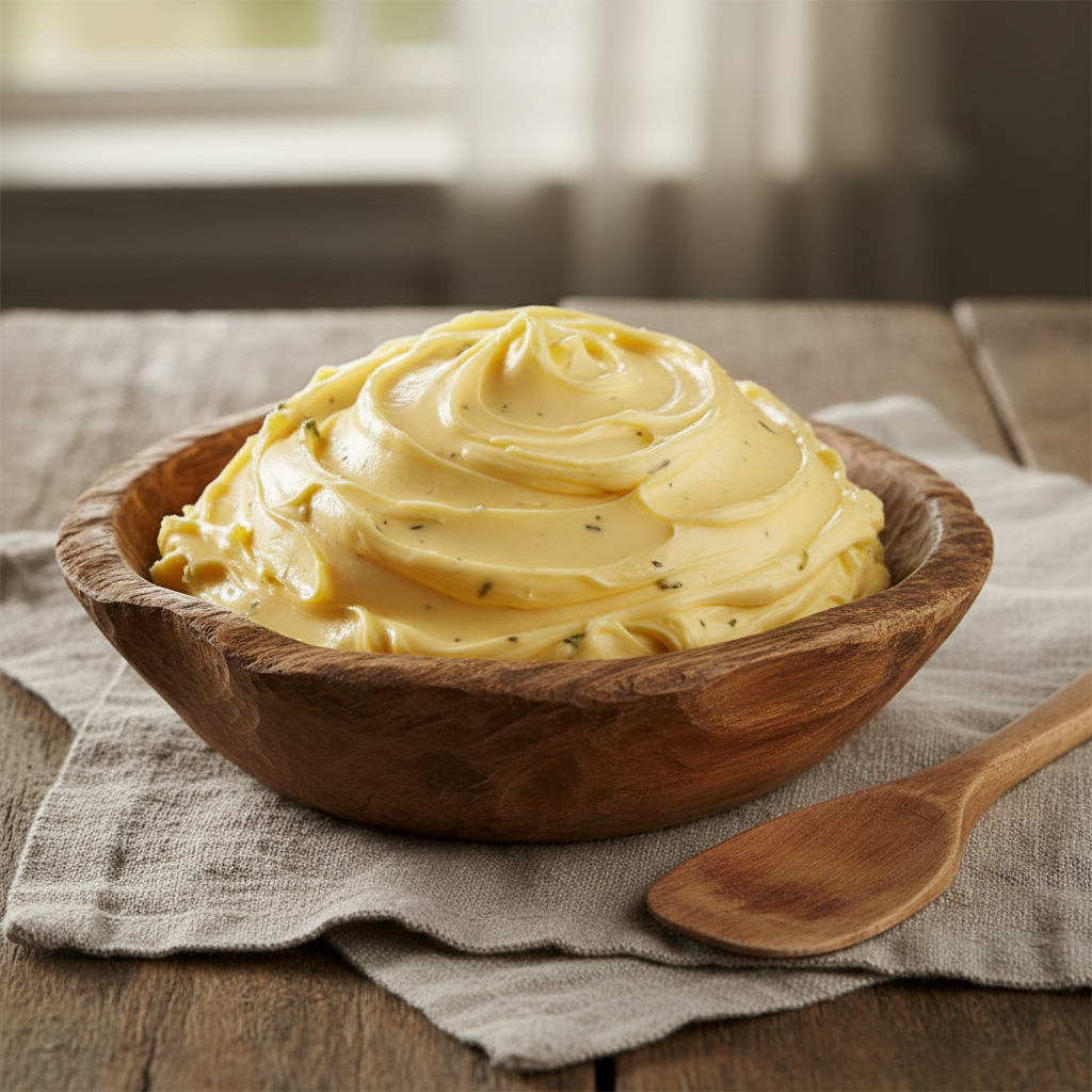 Golden yellow farm butter on a wooden board with a rustic knife and herbs in warm light