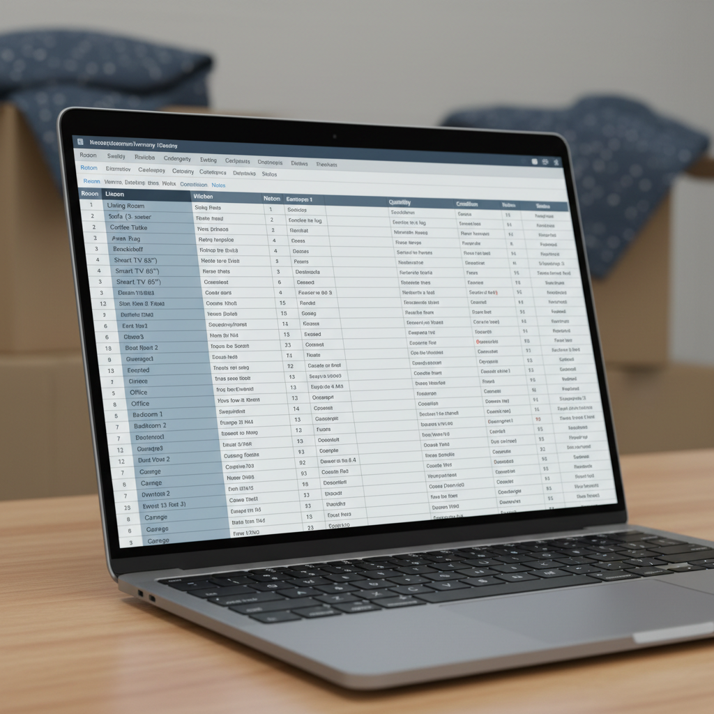 Laptop screen showing detailed moving inventory spreadsheet with room-by-room line items