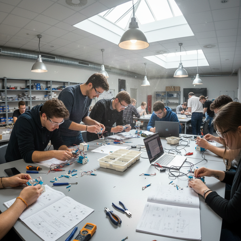Engineering team working on robotics project, workshop setting, tools visible