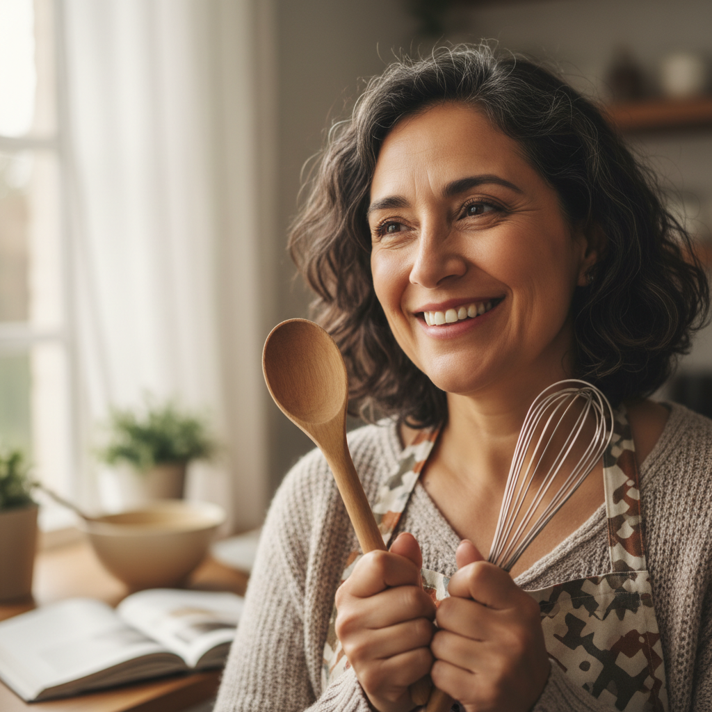 Latina woman with warm smile, mother who gifted cooking class to her child