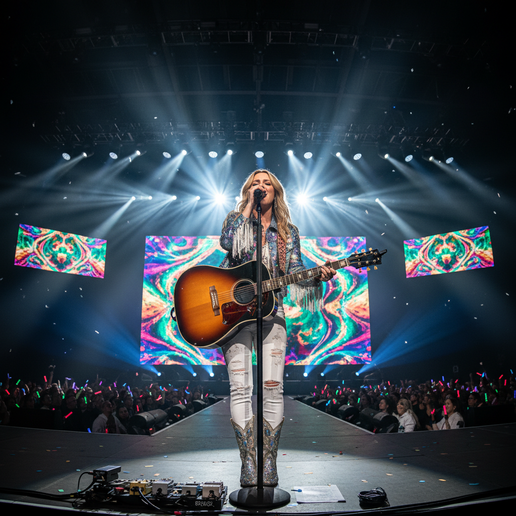 Female country singer performing with guitar, warm stage lighting, western hat, rustic venue atmosphere