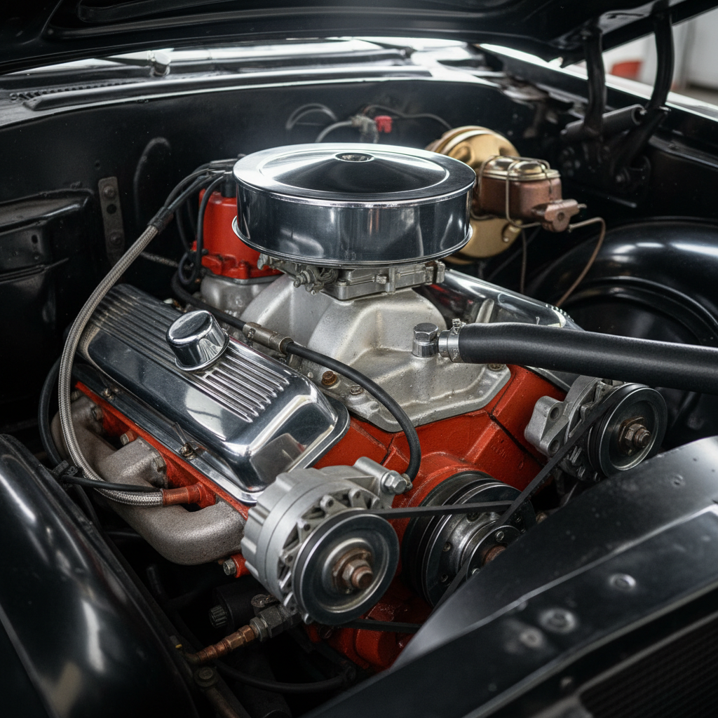 Close-up of engine bay of a classic American V8