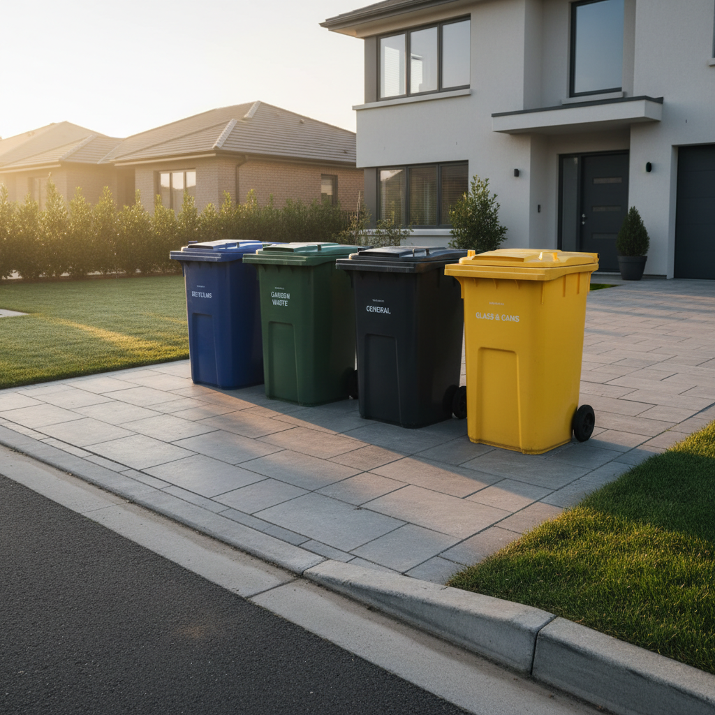 Clean residential garbage bins lined up on a suburban driveway, bright morning light, tidy neighborhood