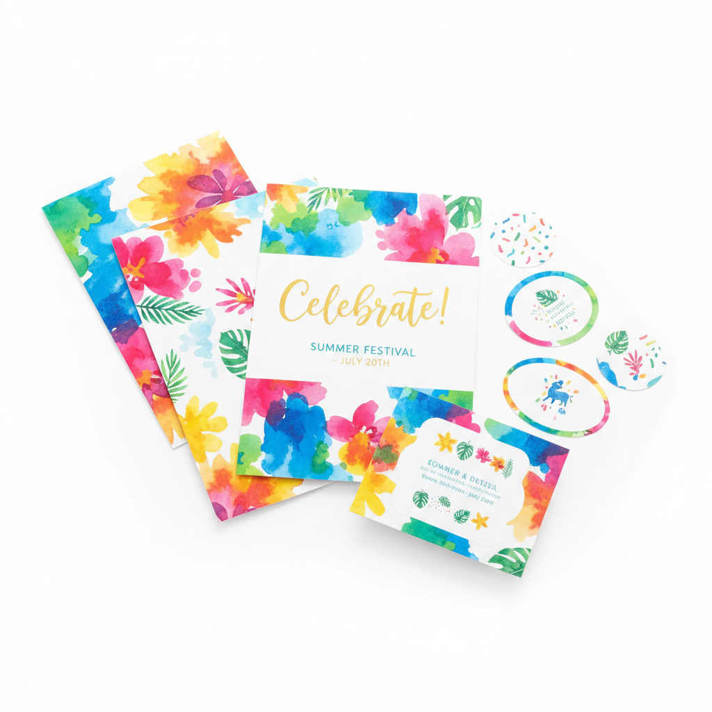 Custom printed invitation cards and labels with vibrant colourful designs on white background