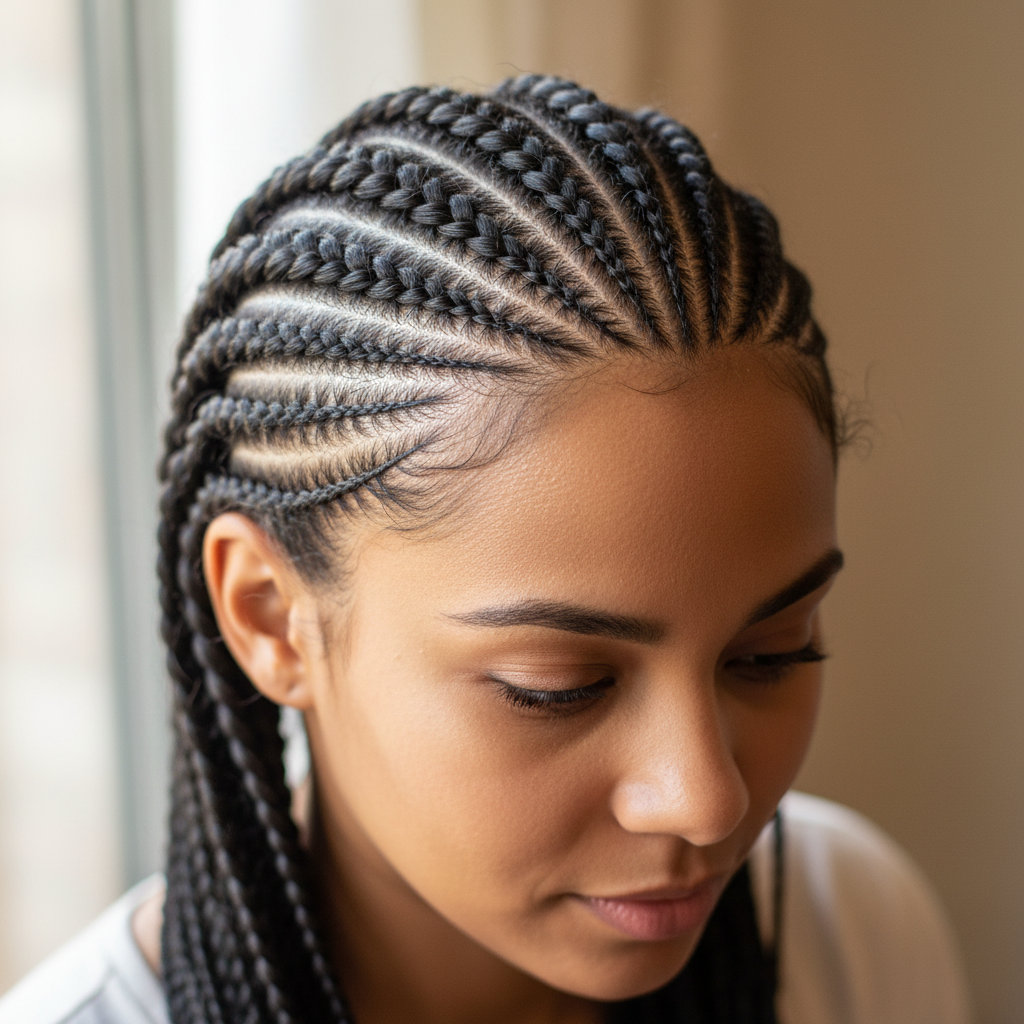 Woman with geometric triangle cornrow pattern