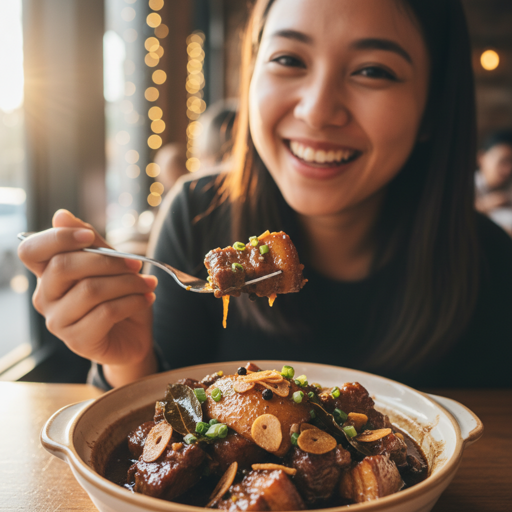 Assorted Filipino pork dishes including adobo and sinigang arranged on traditional wooden table