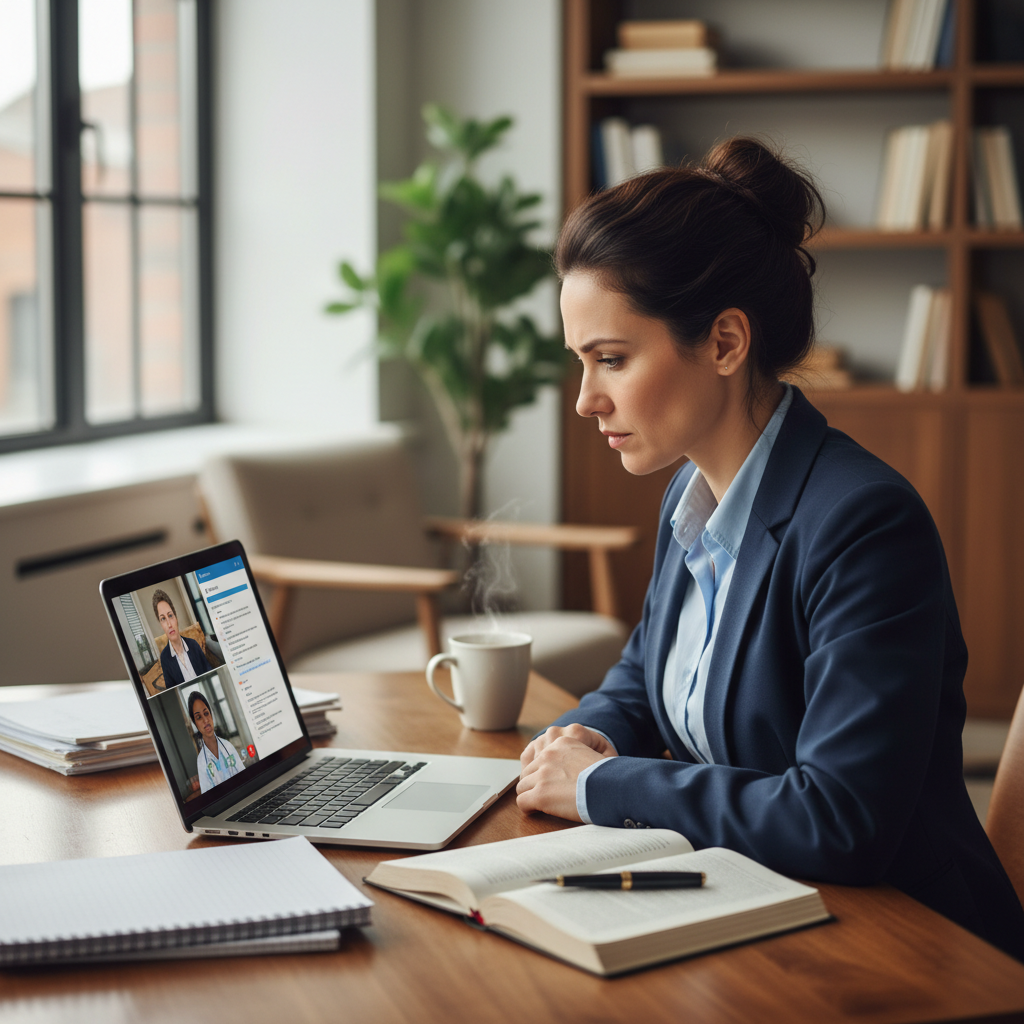 Teacher at desk reviewing telehealth appointment on laptop