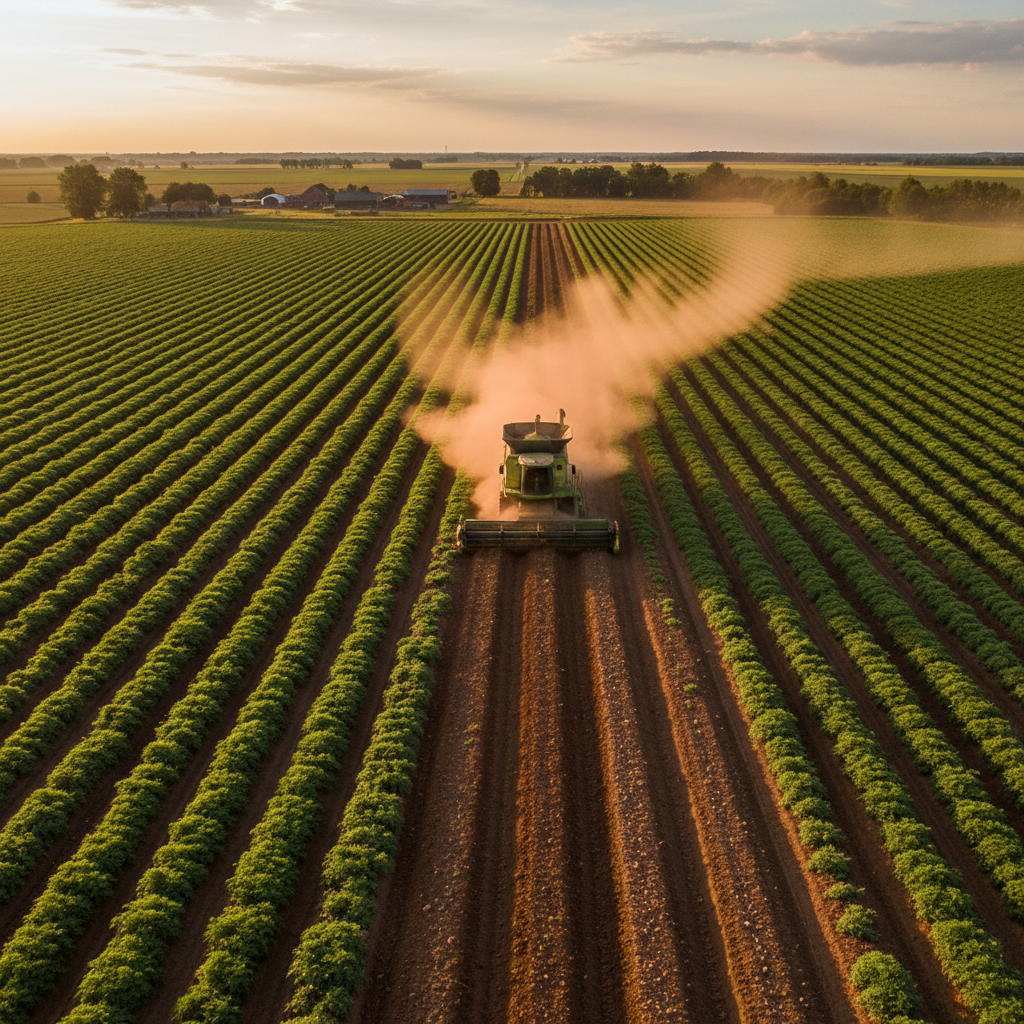 Aerial drone view of potato farm rows at golden hour, harvester trailing dust across umber soil