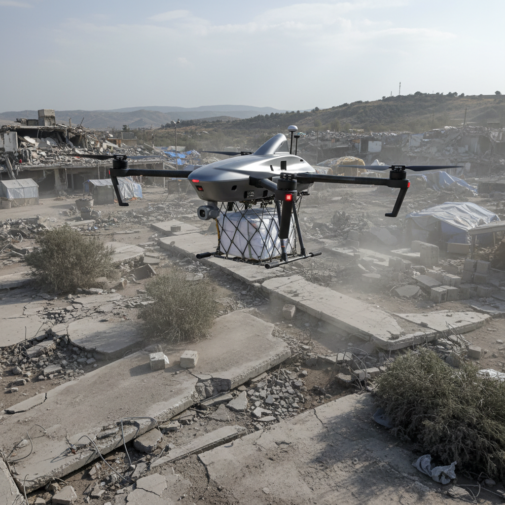 Drone delivering aid supplies to earthquake affected area