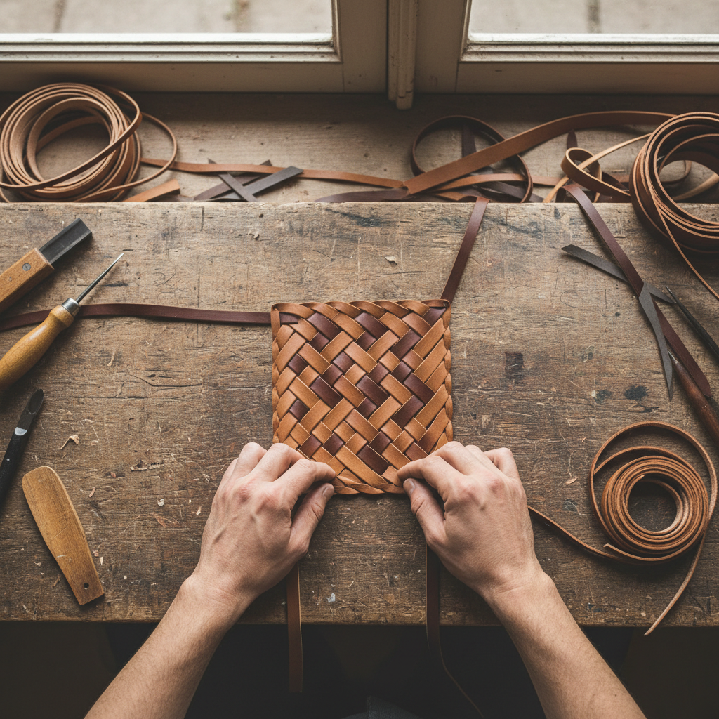 Overhead view of hands weaving twill pattern with natural rattan strips