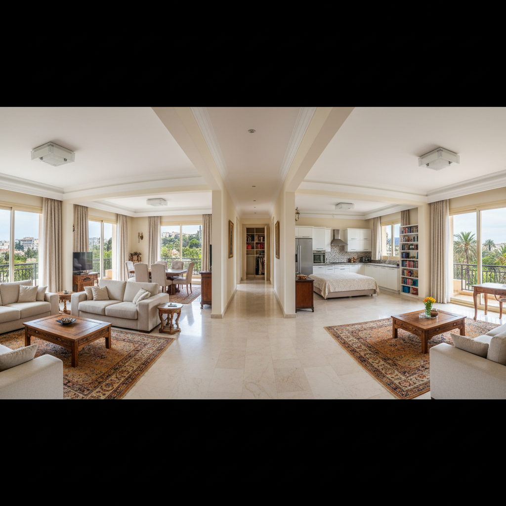 Spacious apartment with dining area and kitchen, modern finishes, warm afternoon light