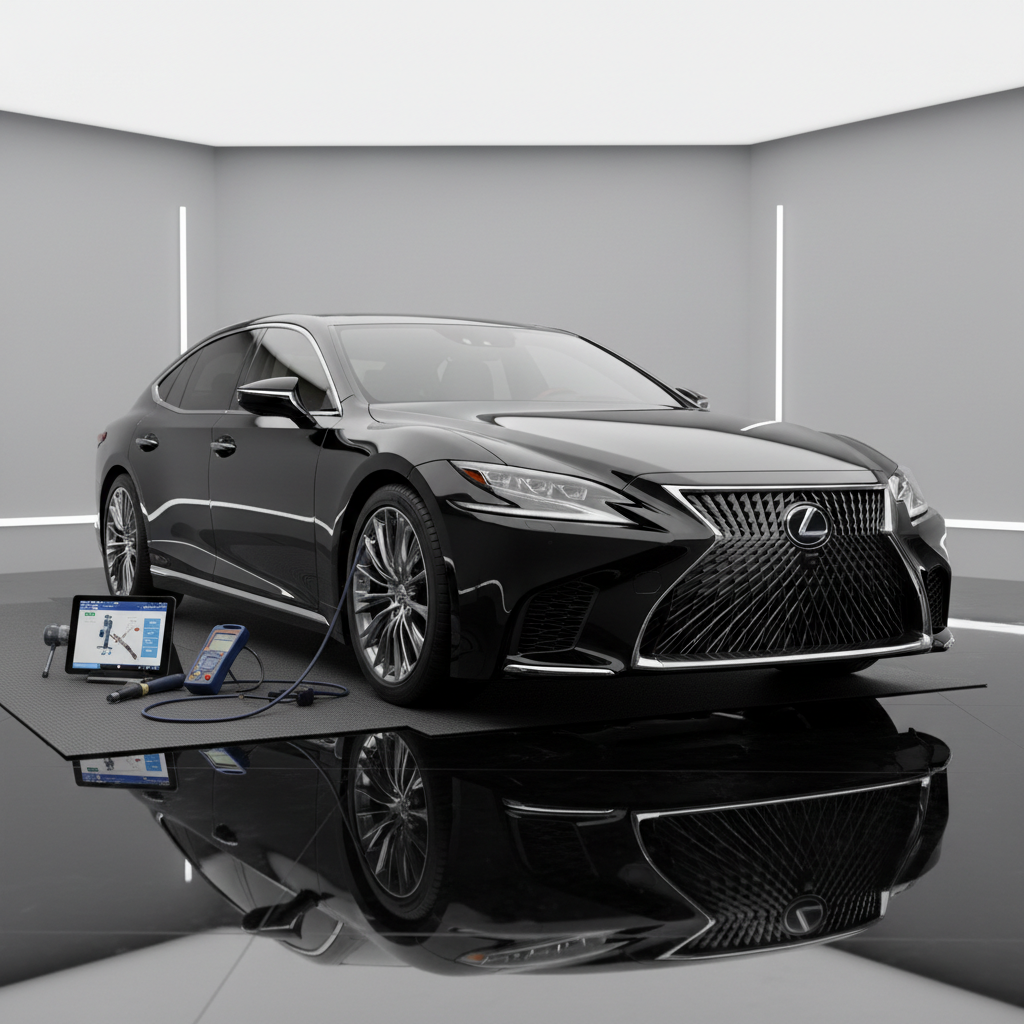 Lexus LS 500 luxury sedan with air suspension system and diagnostic tools