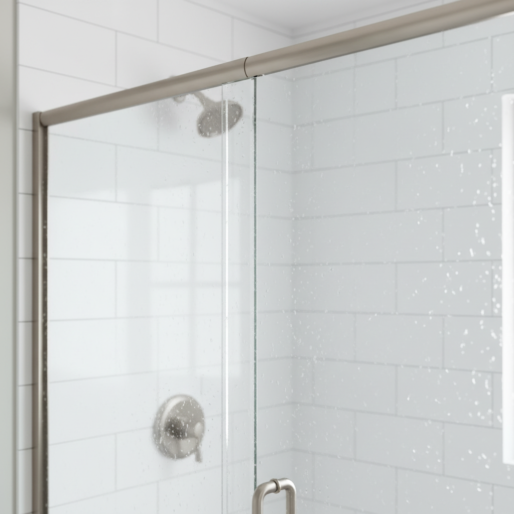 Semi-frameless shower door with brushed nickel hardware