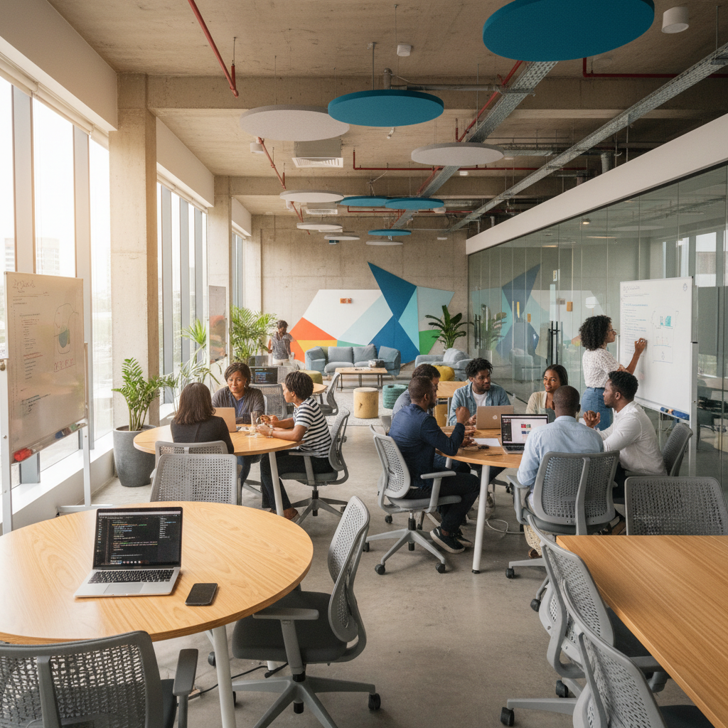 Modern tech office in Lagos with glass walls, team collaboration, clean bright workspace, professional Nigerian tech workers