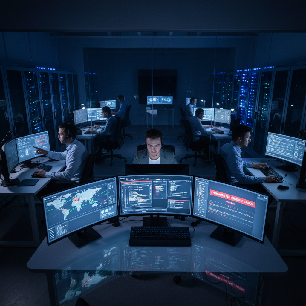 Dark cybersecurity workspace with multiple monitors showing code and network maps, dim atmospheric lighting