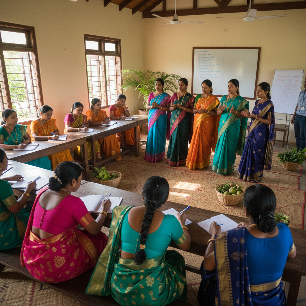 Indian women in colourful saris learning sewing craft at a vocational training workshop, bright interior