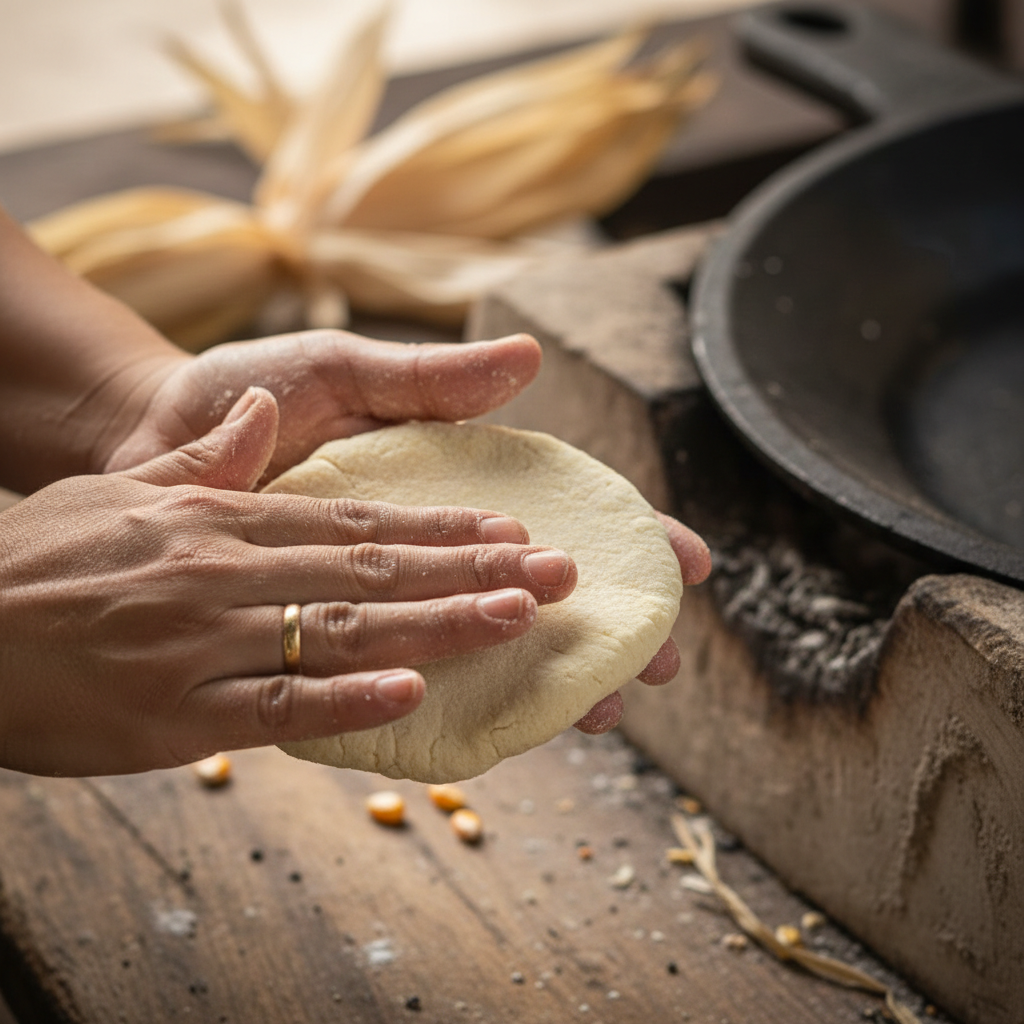 Salvadoran woman's hands pressing masa into a pupusa shape over a wood-fired comal