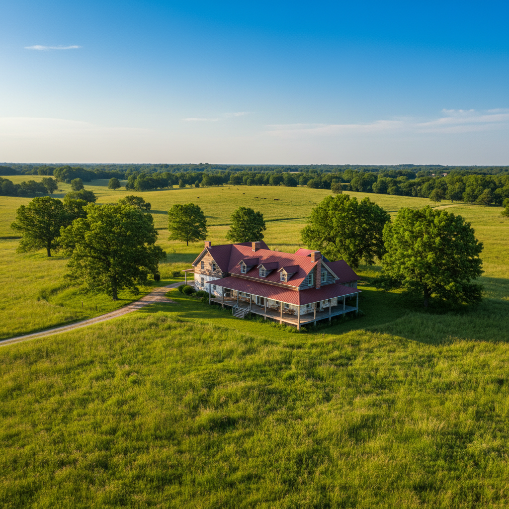 Large farmhouse plot with boundary wall, green trees, and clear blue sky backdrop