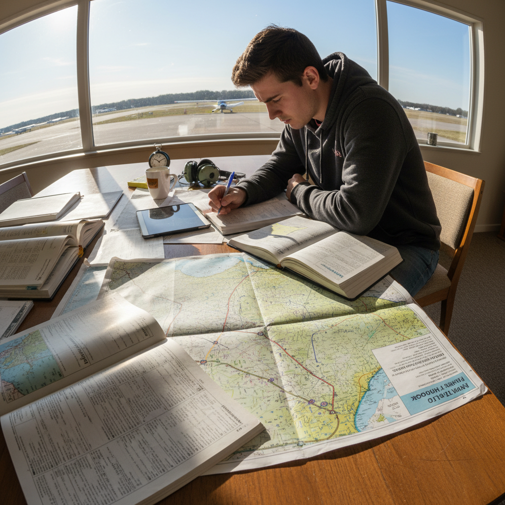 Student pilot in uniform reviewing aviation charts and navigation maps at a desk