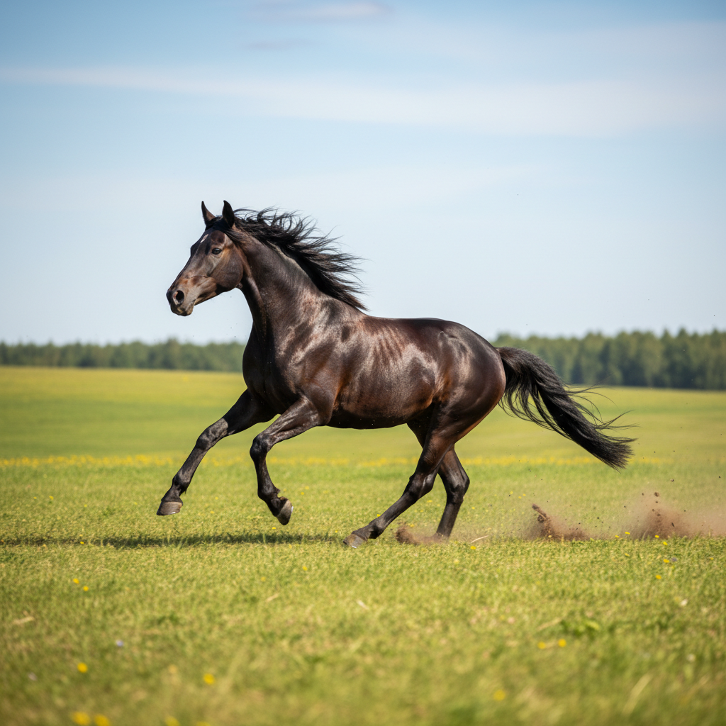 Athletic horse galloping in open field, powerful stride, natural Missouri countryside