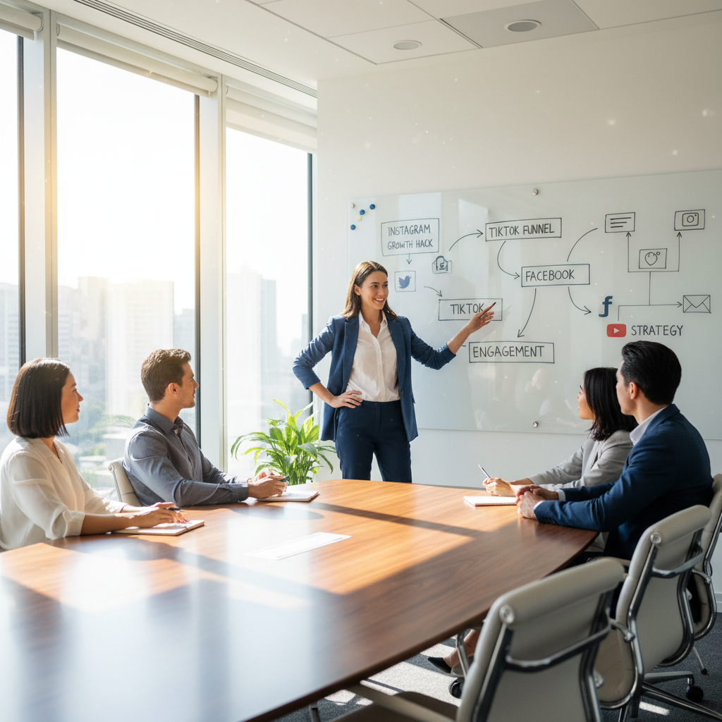 Marketing strategy session in bright modern conference room, white walls, natural light, team collaboration