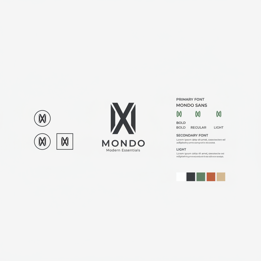 Minimalist brand identity design spread on white background with logo mockups and typography