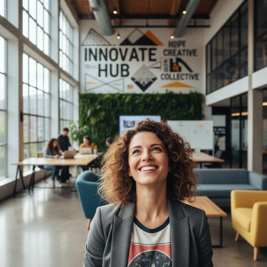 Woman entrepreneur in dim modern workspace, moody lighting, dark background, professional setting